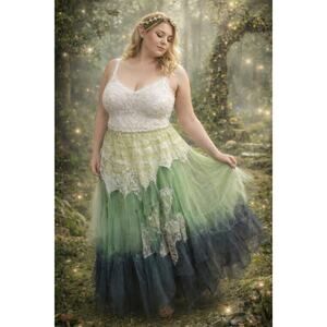 etc Vintage Fairy Skirt Long Yellow Green Blue Ombre Asymmetrical Hippie XL NWT